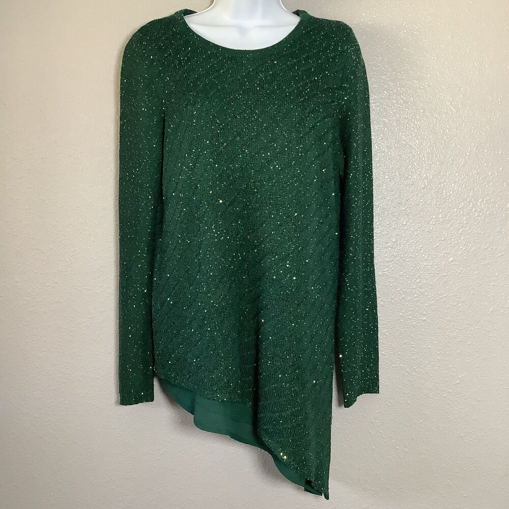 Green All Over Sequin Knit Lined Asymmetrical Knitted Sweater L Party Modest